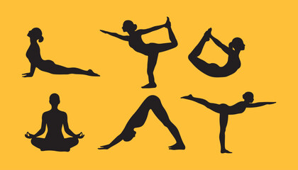 set of silhouette of a woman doing yoga vector