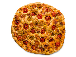Apulian focaccia with cherry tomatoes and oregano isolated on white with clipping path included; typical italian flatbread