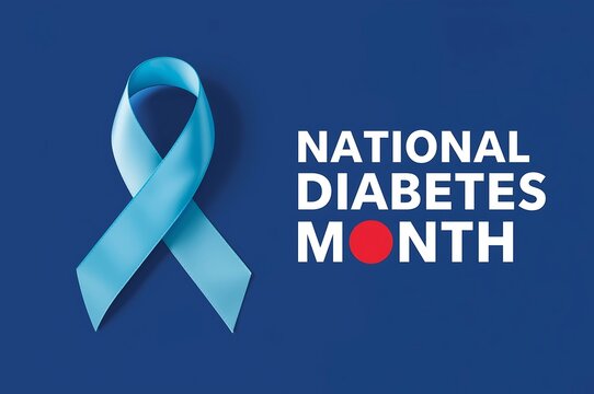 Symbol of hope and awareness for national diabetes month featuring a blue ribbon and text on a dark blue background - Powered by Adobe