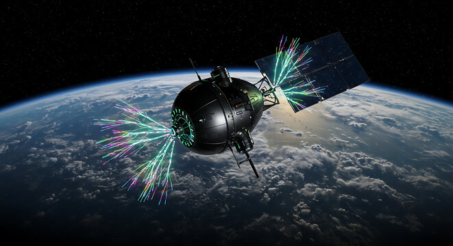 A detailed view of a satellite in orbit, emitting colorful energy beams towards Earth.