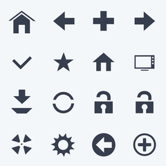 Collection of dark blue flat icons on a light grey background including house arrows plus check star screen download lock and gear