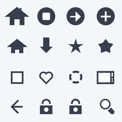 Collection of dark blue interface icons on a light gray background including house star heart lock and arrows
