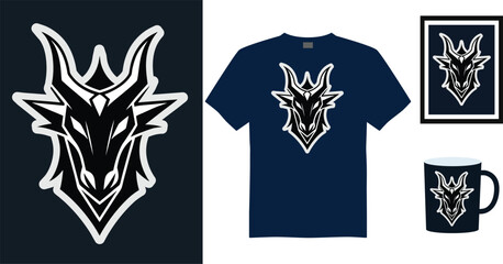 Fototapeta premium Stylized Tshirt mockup dragon head logo dark blue t shirt framed art mug vector