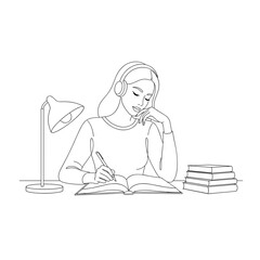 Focused line art of a female student studying at a desk with books and lamp