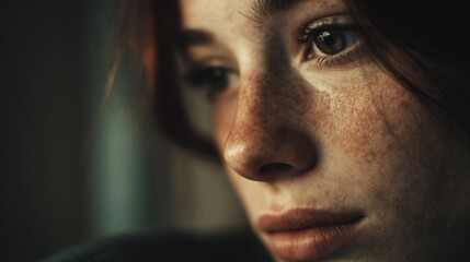 A dim room with shadows hints at a silhouette and strands of auburn hair. The silhouette and auburn hair contrast with the softly lit background in the room.