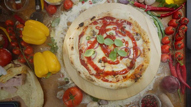 Vertical video of top-down view of a delicious pizza being finalized with fresh basil leaves dropping onto the surface, surrounded by fresh vegetables, spices, and flour on a rustic wooden table