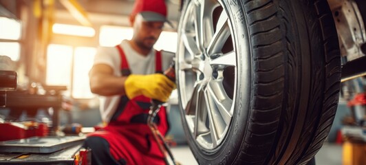 The Mechanic Working on a Tire in an Automotive Workshop with Tools