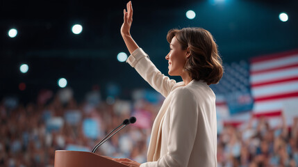 Woman waving hand while giving speech at political rally with flag  