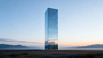 A sleek, glass-clad skyscraper stands tall against a serene twilight sky, reflecting the distant mountains and soft hues of the horizon.