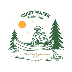 Canoe Adventure Vintage Badge Pine Trees Sun Flat Vector t-shirt design, t-shirt print, easily editable.
