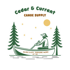 Canoe Adventure Vintage Badge Pine Trees Sun Flat Vector t-shirt design, t-shirt print, easily editable.