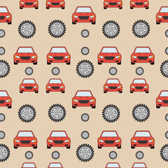 Vintage Car and Wheel Seamless Pattern, Retro Vector Background
