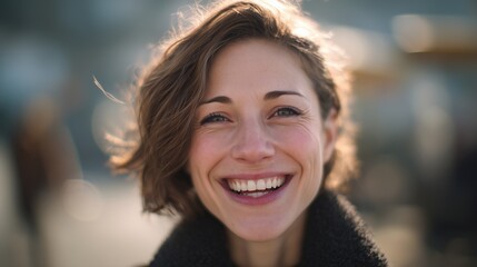 A woman stands outdoors with tousled hair illuminated by sunlight. The woman's hair is highlighted, revealing soft curls in the sunlight with a blurred background.