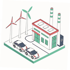 Vector art of isometric illustration showcasing a sustainable industrial park, featuring wind turbines, electric vehicles, and a modern factory, symbolizing clean energy and ecofriendly transportation