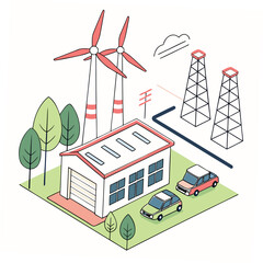 Naklejka premium Vector art of isometric illustration of wind turbines, a building, and cars, representing renewable energy and sustainable transportation in a modern setting