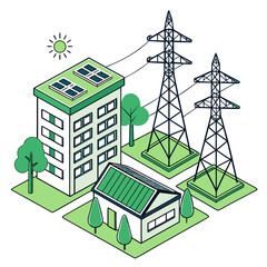 Vector art of isometric illustration of a modern, ecofriendly neighborhood powered by solar energy and supported by electrical transmission towers