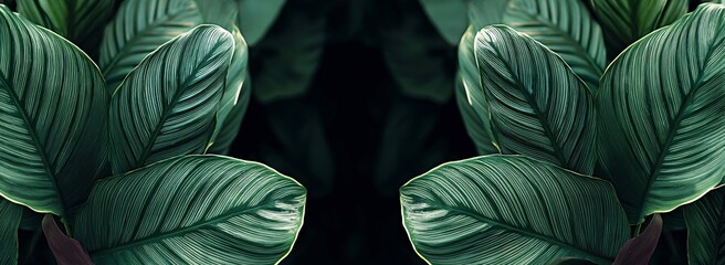 Symmetrical Calathea Ornata Leaves A Study in Botanical Symmetry and Dark Green Elegance A Mirror of Nature. Generative AI