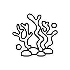 Black line drawing of seaweed with bubbles and stones