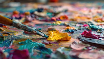 Fototapeta premium A close-up view of a painter's palette, brush, and colorful oil paints