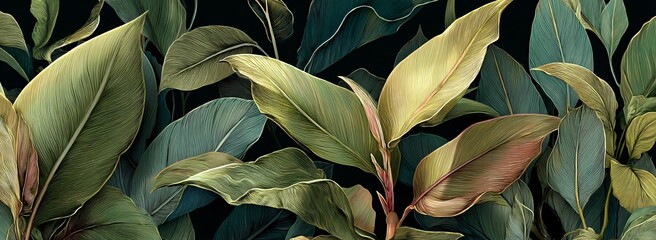 Lush Tropical Leaves Painting with Intricate Details of Nature in Emerald, Gold and Teal Artistic Expression. Generative AI