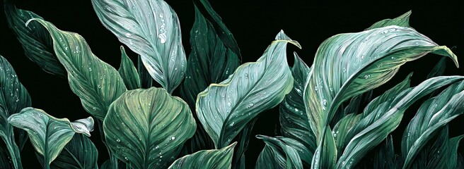 Lush Greenery Artistic Depiction of Tropical Leaves with Water Droplets a Vibrant Botanical Art Piece. Generative AI
