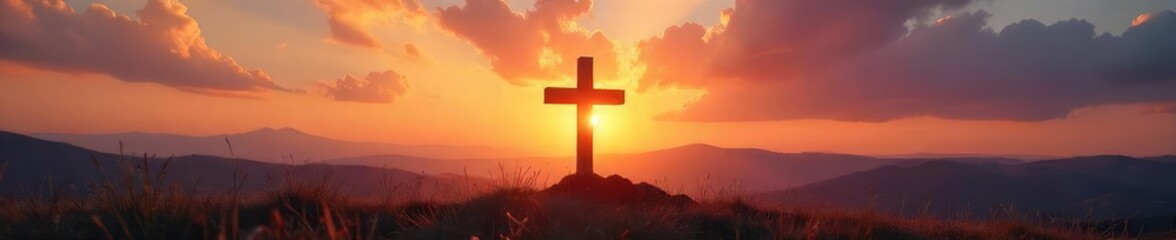 A serene landscape depicting a cross at sunset, symbolizing faith, hope, and the beauty of God's creation Perfect for religious themes, inspirational content, or peaceful imagery , redemption, church