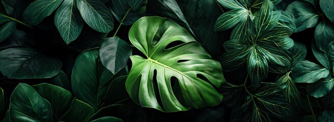 Lush Greenery A Vibrant Tapestry of Tropical Leaves Featuring Monstera Plant Ficus Elastica and Exotic Foliage in a Dark, Moody Ambiance. Generative AI