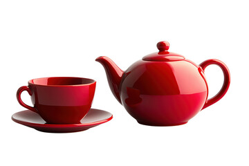 Red teapot and cup on saucer isolated on a transparent background