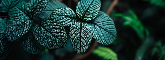 Striking Teal Leaves with Dark Veins Exhibit a Unique Pattern and Texture in a Botanical Garden Setting. Generative AI