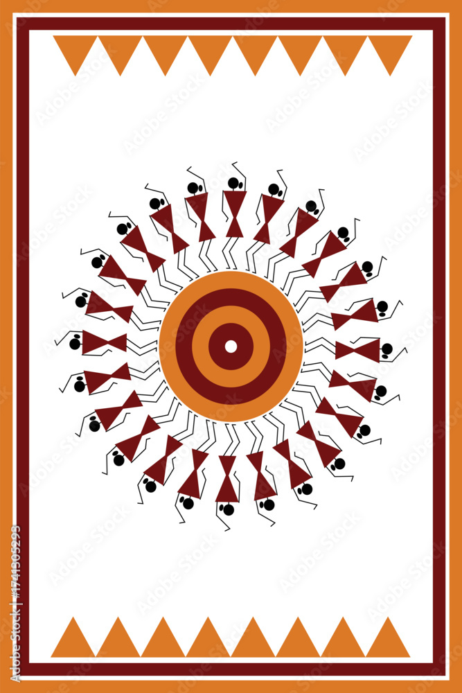 Canvas Prints colorful warli design concept with border frame isolated on white background - vector illustration
