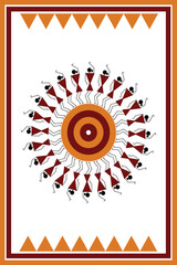 Colorful Warli design concept with border frame isolated on white background - vector illustration
