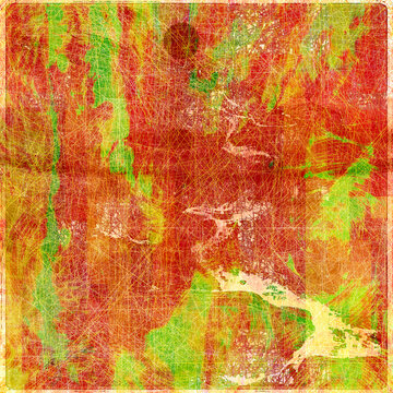 Abstract composition with mixed orange, green, and yellow tones arranged in soft rectangular forms. The surface has a patchwork quality, blending painterly brushstrokes with faint digital noise