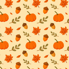 Autumn seamless pattern with pumpkins colorful fall leaves and seasonal foliage elements