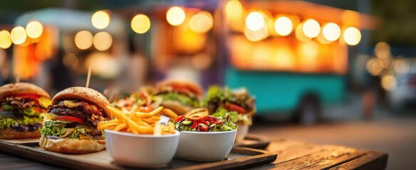The mouthwatering burgers and crispy fries at a vibrant food truck festival.