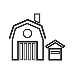 Depicts a simple line drawing of a barn with a chimney and an adjacent smaller structure likely a shed or mailbox