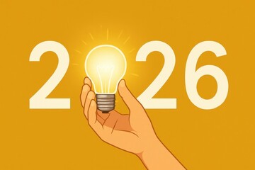 A hand holds a glowing lightbulb, visually representing an idea or innovation, positioned between the numbers "2026" on a vibrant, warm-toned background, suggesting a concept for future innovation...