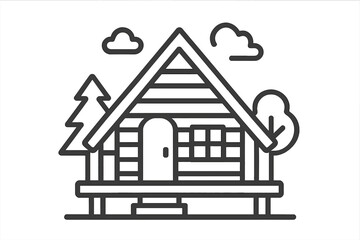 Cabin in the woods line icon. Simple bungalow for camping and vacation. Wooden forest house and A-frame lodge symbol. Outdoor travel and nature retreat vector illustration.