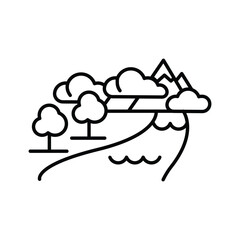 Landscape with mountains trees clouds and water Line art style