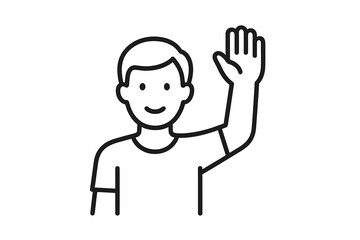 Man raising hand to ask or answer a question. Vector line icon of a person volunteering, voting, or waving. Concept for participation, education, greeting, and communication.