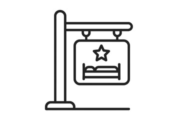 Hotel billboard signpost thin line icon. Vector for motels, inns, vacations, tourism, and travel agencies. Accommodation symbol for night stays, booking, and lodging. Star rating.