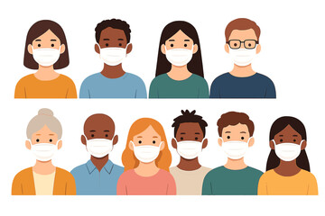 People in medical masks avatars set. Diverse men and women wearing protective face masks. Multiethnic group character portraits. Pandemic virus protection vector concept design.