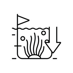 Outline shows level dropping in aquarium with plants and arrow indicating a water decrease