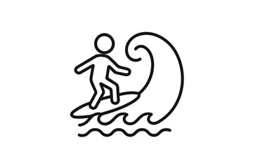 Surfer on surfboard riding ocean wave. Vector line icon. Simple pictogram for summer water sports, beach vacation and extreme activity. Surfing symbol isolated on transparent background.