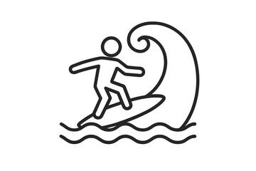Surfer riding a big ocean wave on a surfboard. Vector thin line icon. Summer water sport and beach activity concept. Extreme surfing symbol for holiday and vacation design.