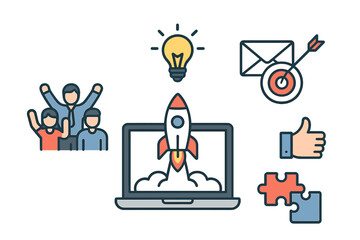 Startup business success concept. Rocket launching from laptop. Teamwork, innovation, and marketing icons. Project launch, new idea, business growth and development vector.