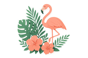 Pink flamingo with tropical flowers and leaves in 3d paper cut style. Exotic summer vacation illustration with monstera, palm leaf, and hibiscus. Jungle bird paper craft art.