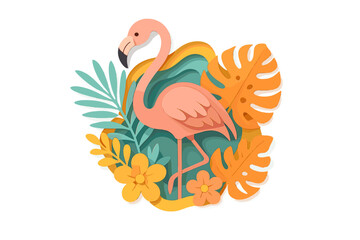 Paper cut flamingo with tropical flowers and palm leaves. 3D layered papercraft art. Summer exotic bird composition for sale banner, poster, web, card, invitation design.
