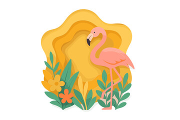 Summer sale background with flamingo in paper art style. Tropical jungle leaves and flowers in a 3D layered papercut design for e-commerce, online shopping, banners, posters.