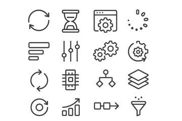 Data processing and workflow automation line icon set. Vector symbols for sync, loading, settings, analysis, filter, diagram, and growth. Simple linear pictograms with editable stroke.