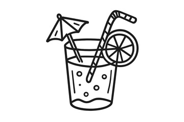 Summer drink doodle vector illustration. Fresh cocktail with umbrella and citrus slice. Hand drawn sketch icon. Party, vacation, refreshment concept. Lemonade, juice, soda pop.